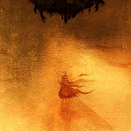 Visuel de tournée du groupe LANDMVRKS, dans le style d'une aquarelle. On y voit un personnage au milieu. Les couleurs sont orangées.