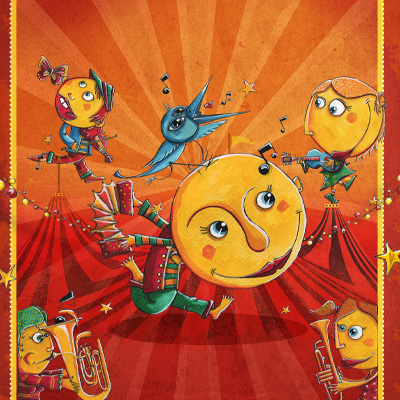 Illustration du personnage de PITT OCHA. L'illustration est aux couleurs rouge/orangées avec le personnage de PITT OCHA en premier plan, on y voit un oiseau bleu et d'autres personnages jouant de la musique.