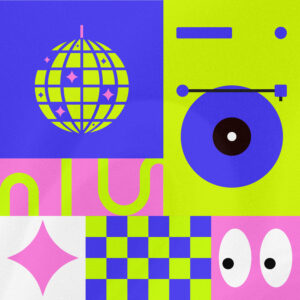 Visuel de l'événement Sathonay en fête. On y voit plusieurs éléments dont une boule disco, des yeux, un vinyle, et plusieurs formes. Il y a plusieurs couleurs : du vert, du rose, du bleu.