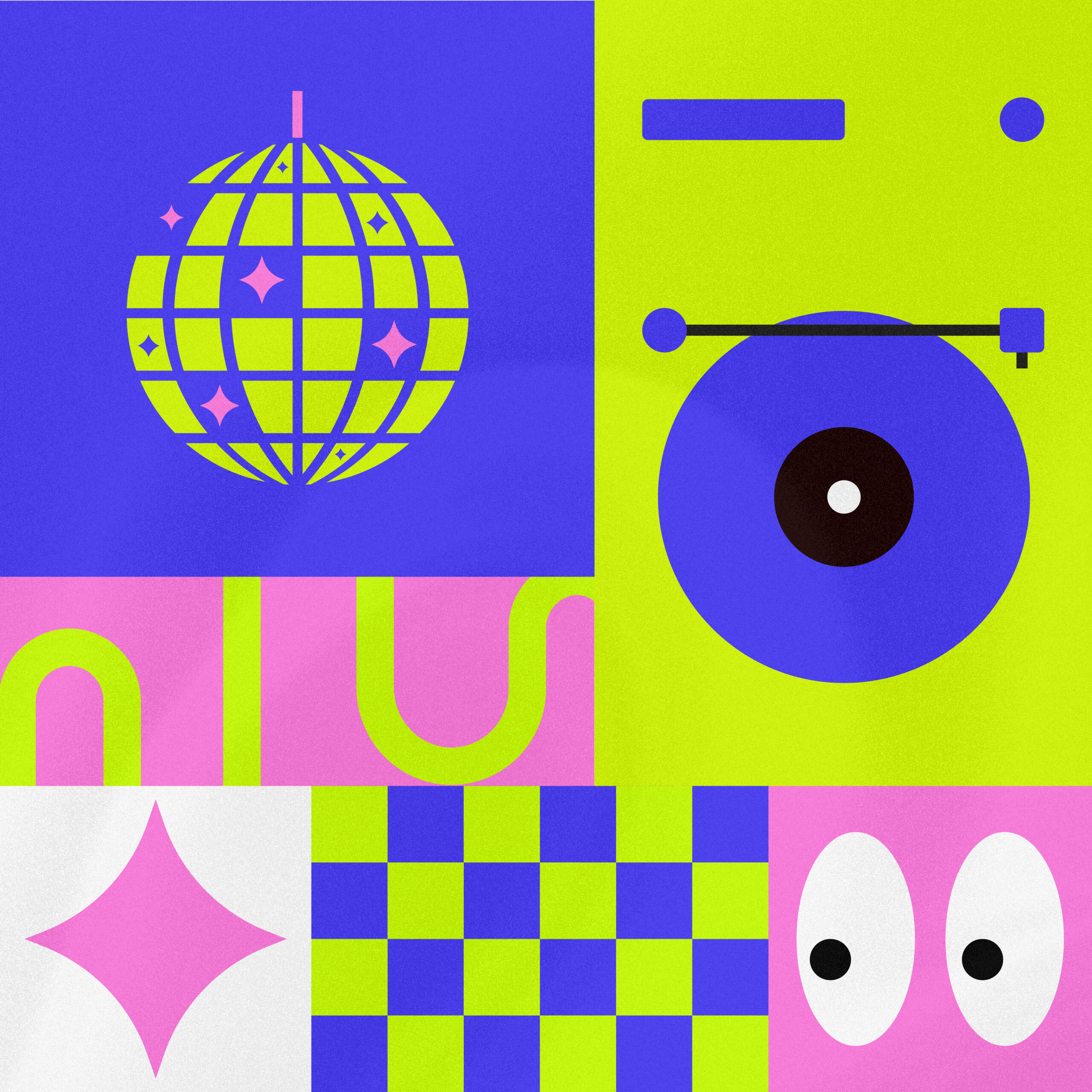 Visuel de l'événement Sathonay en fête. On y voit plusieurs éléments dont une boule disco, des yeux, un vinyle, et plusieurs formes. Il y a plusieurs couleurs : du vert, du rose, du bleu.