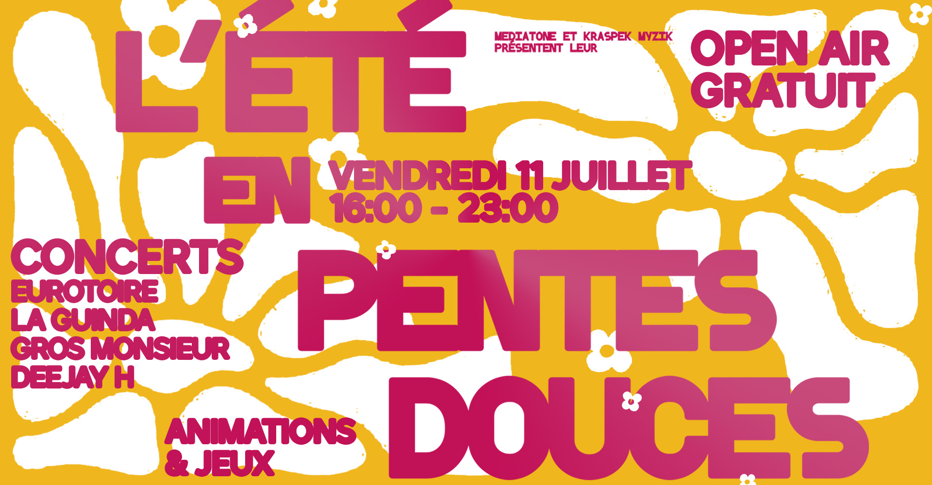 Visuel de l'été en pentes douces. Fond jaune avec fleurs blanches et textes en dégradés de violet.
