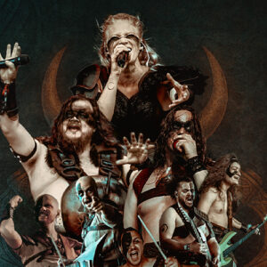 Montage photo où l'on voit les membres du groupe Brothers of Metal, chantant ou jouant de la musique, avec les visages maquillés.